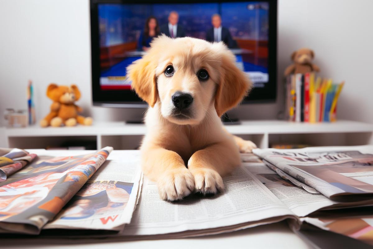 Dagens KI-bilete - ein hund etter aviser