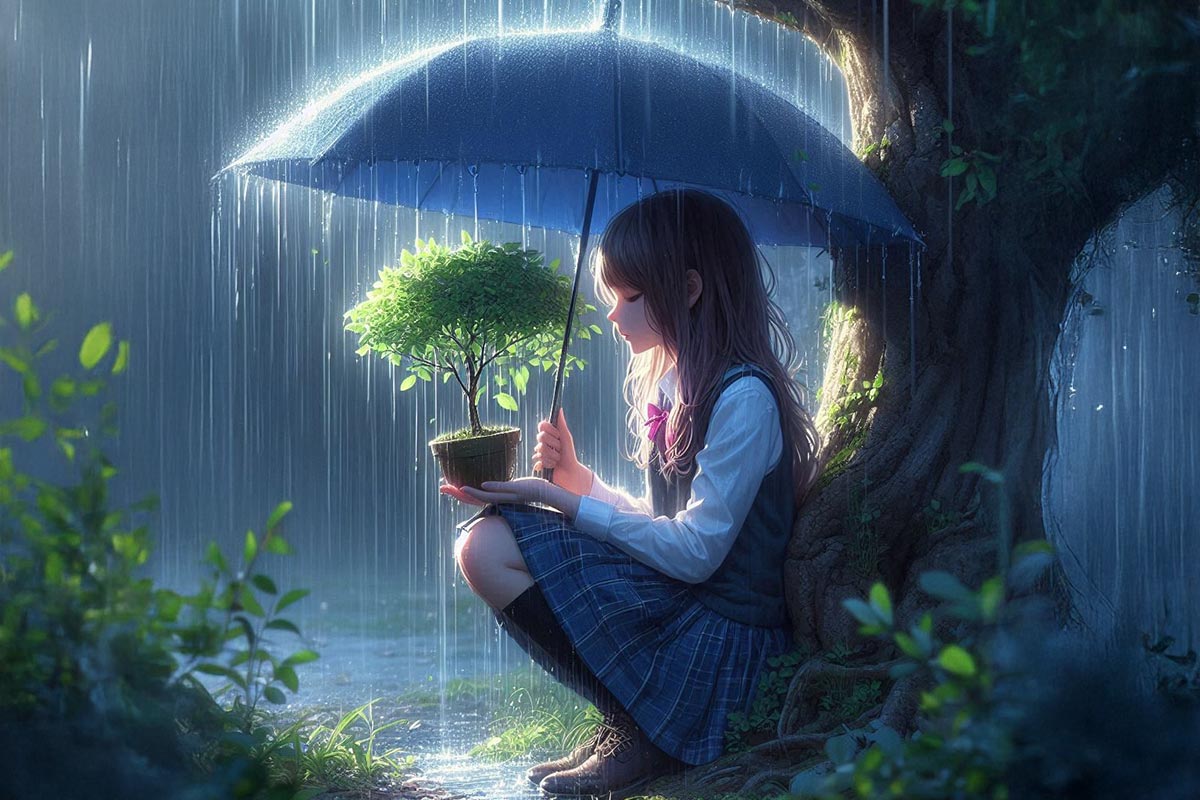 Småjente i regn (KI)